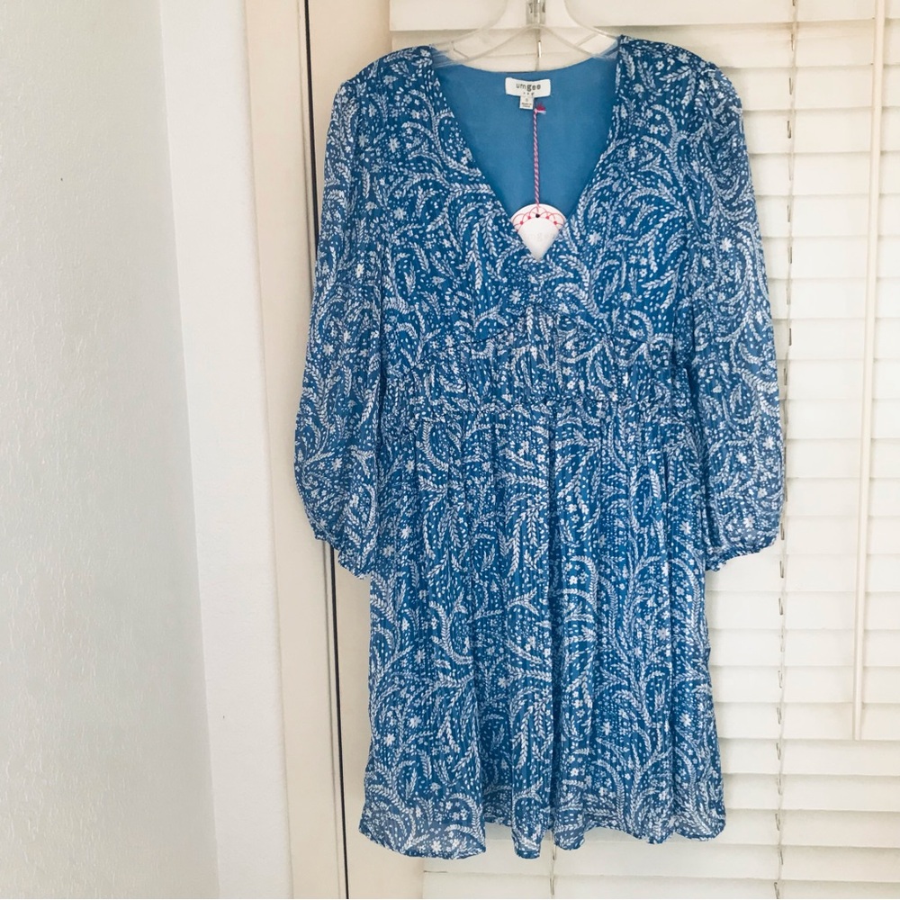 Umgee Blue and White Floral Long Sleeve Dress NWT Sz S  - Metallic Detail, Boho